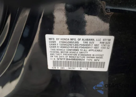 2009 Honda Pilot Ex z USA, uszkodzony, nr VIN 5FNYF38449B009924